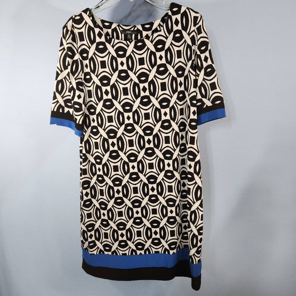 R&K Pullover Midi A-line Dress B&W Geometric Design Blue Trim Size XL (OO-26)
